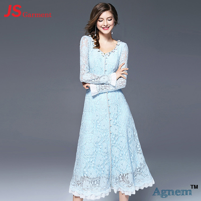 JS 37 Wholesale New Design Long Sleeve Fashion V-neck Flowers Decoration High Waist Women Lace Dress